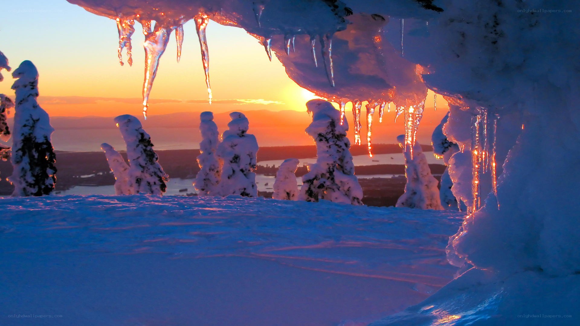 Icicles at sunset over snowy landscape