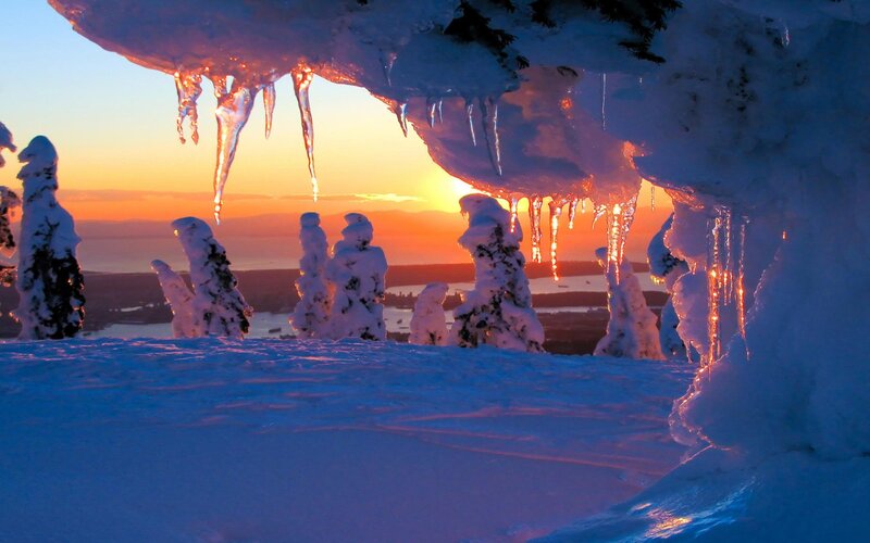 Icicles at sunset over snowy landscape