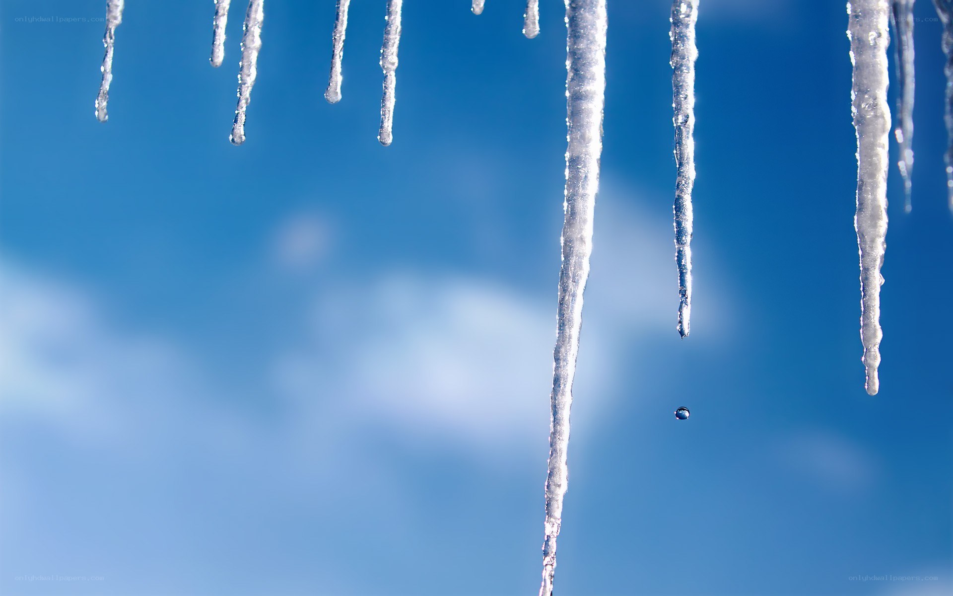 Icicles melting against blue sky