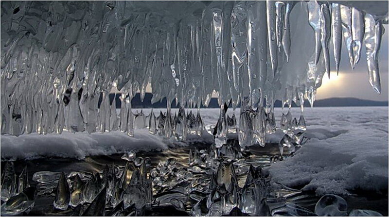 Icicles on Frozen Lake