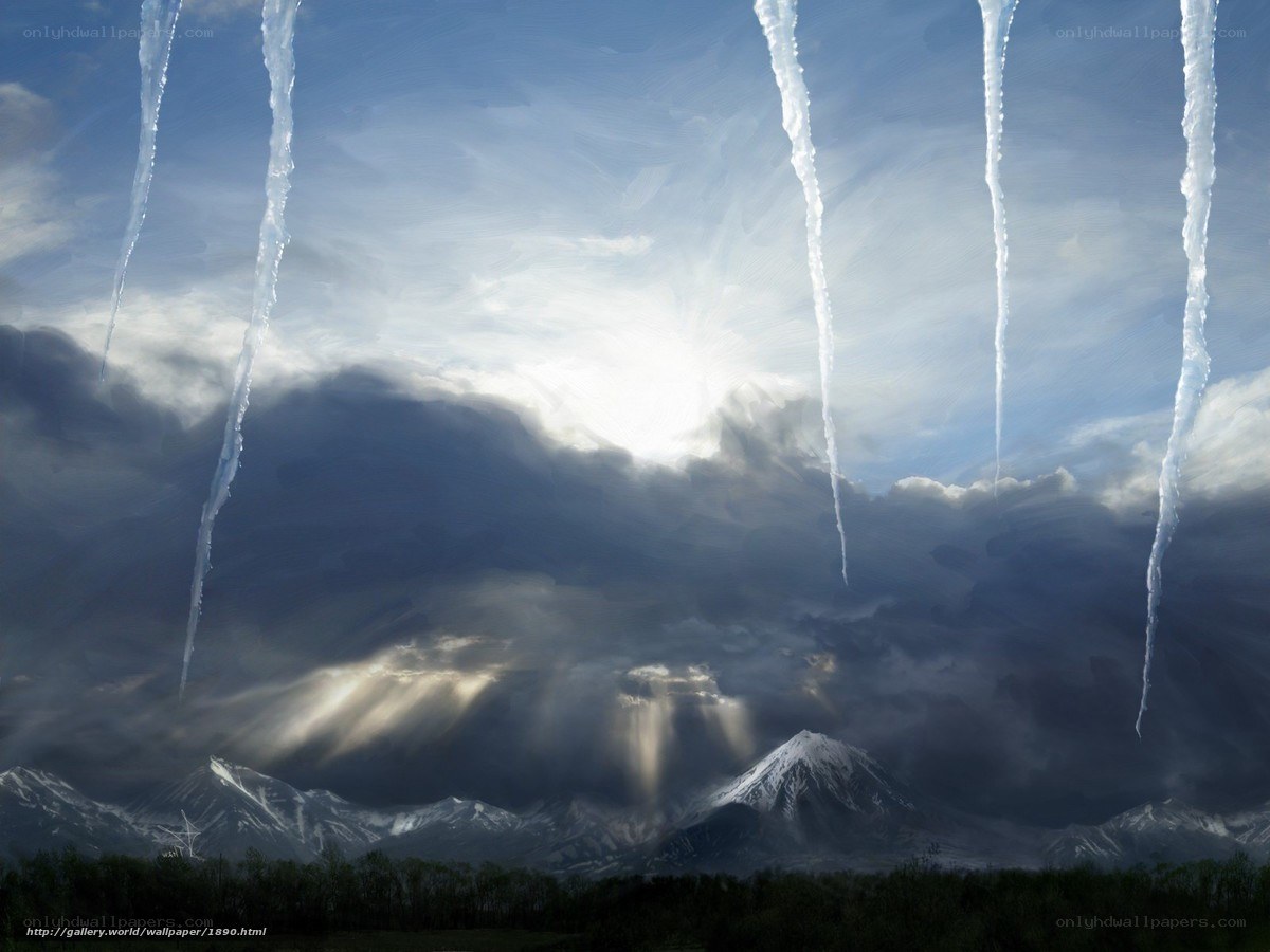 Icicles over mountain landscape