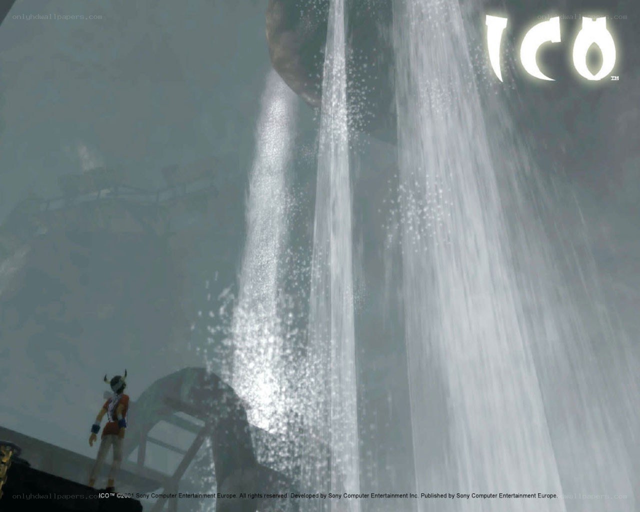 ICO game scene with waterfall