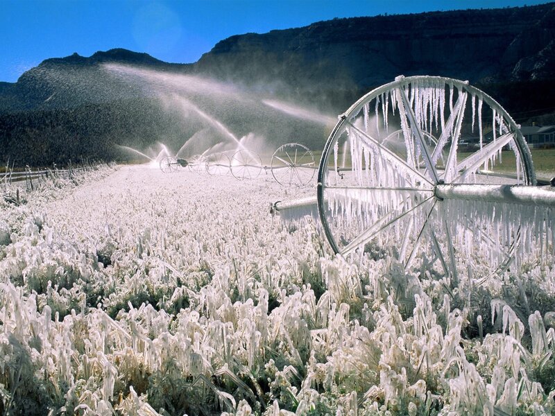 Icy irrigation in a mountain valley