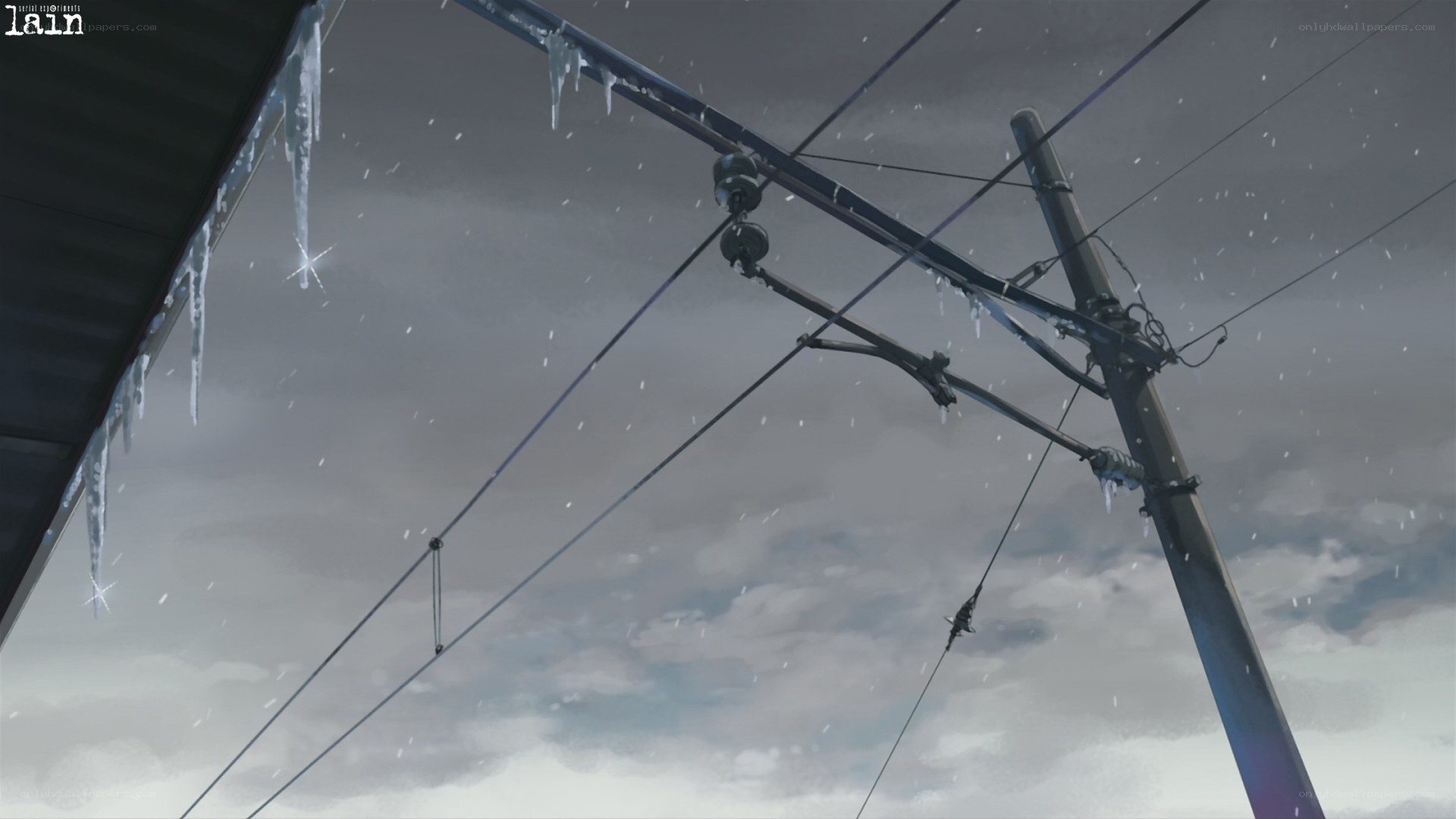 Icy power lines under gray sky