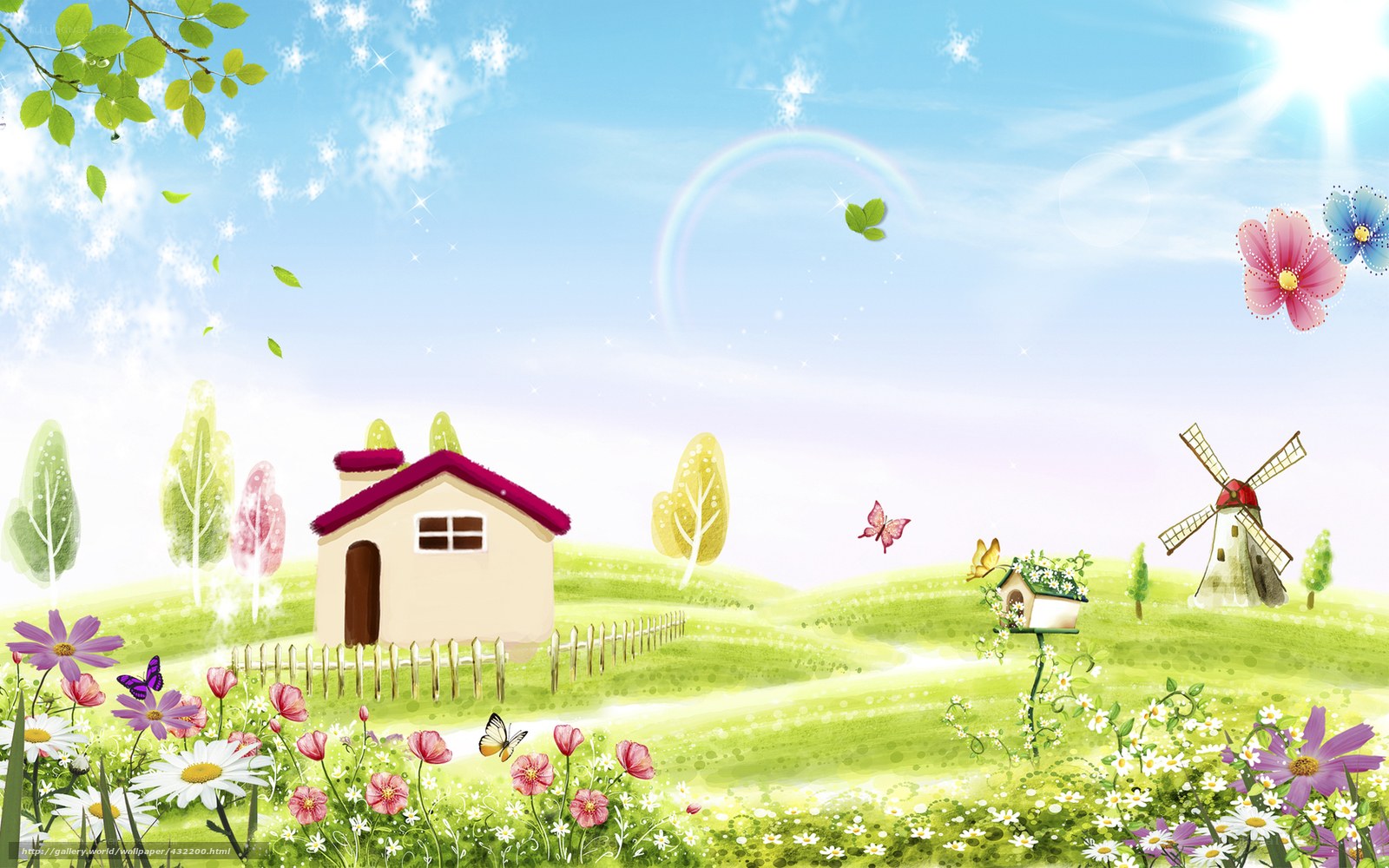 idyllic countryside with house and windmill