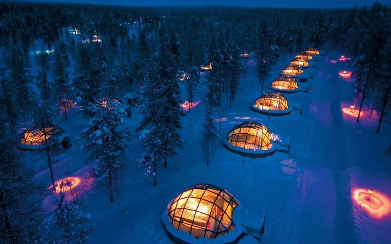 Igloo cabins in snowy forest