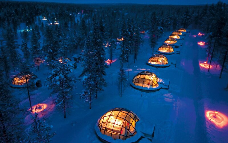 Igloo cabins in snowy forest