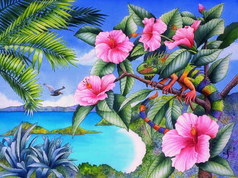 Iguana on Flowering Branch