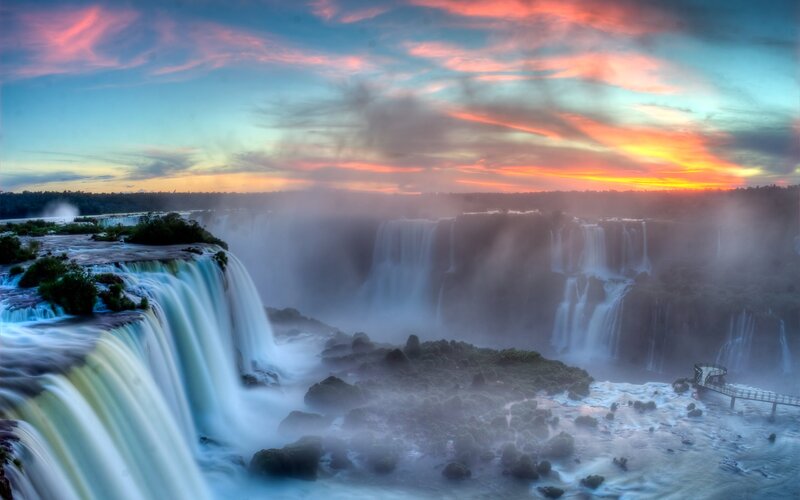 Iguazu Falls at Sunset — Blue, Dramatic, Photograph, Waterfall, Mist