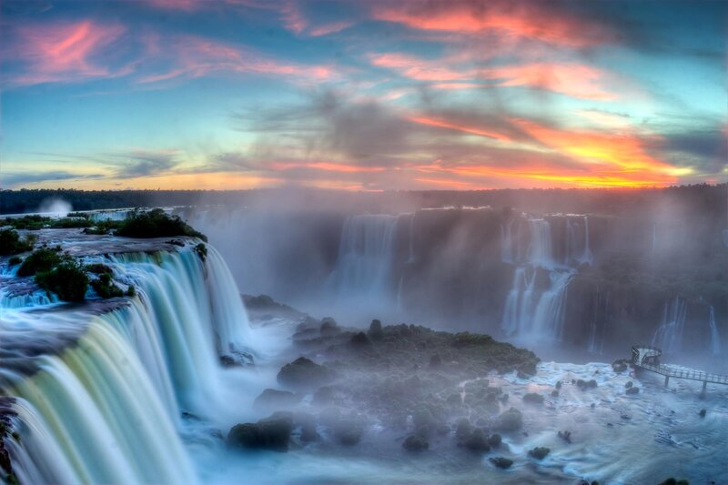 Iguazu Falls at Sunset — Blue, Dramatic, Photograph, Waterfall