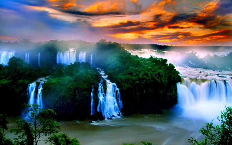 Iguazu Falls at Sunset — Blue, Dramatic, Photograph, Waterfalls