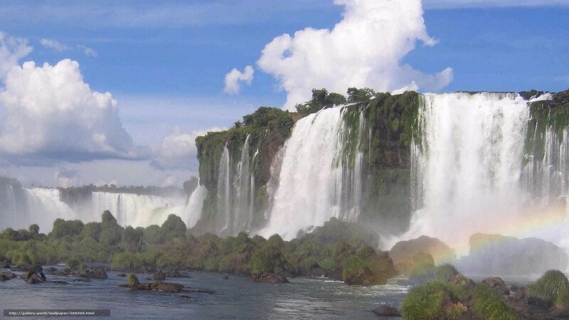 Iguazu Falls Waterfall — Blue, Dramatic, Afternoon, Photograph, Rainbow, Clouds, River, Vegetation
