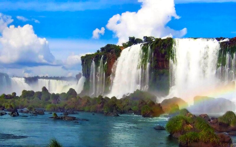Iguazu Falls Waterfall — Blue, Dramatic, Afternoon, Photograph, Rainbow, River, Clouds