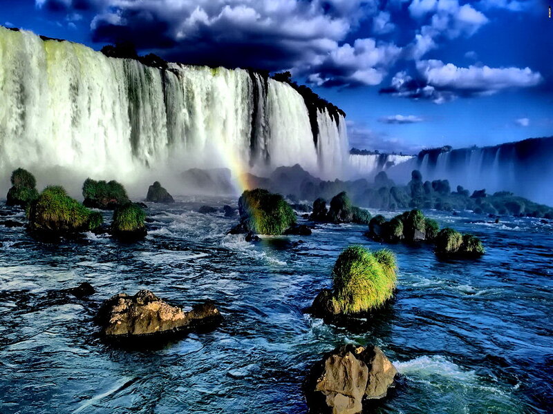 Iguazu Falls Waterfall — Blue, Dramatic, Afternoon, Photograph, Rainbow, Rocks
