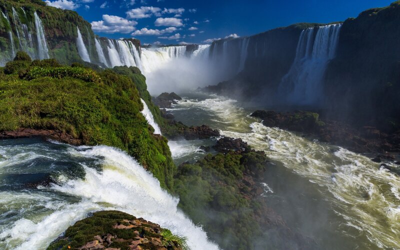 Iguazu Falls Waterfall — Blue, Dramatic, Afternoon, Photograph, River, Cliffs, Clouds, Green