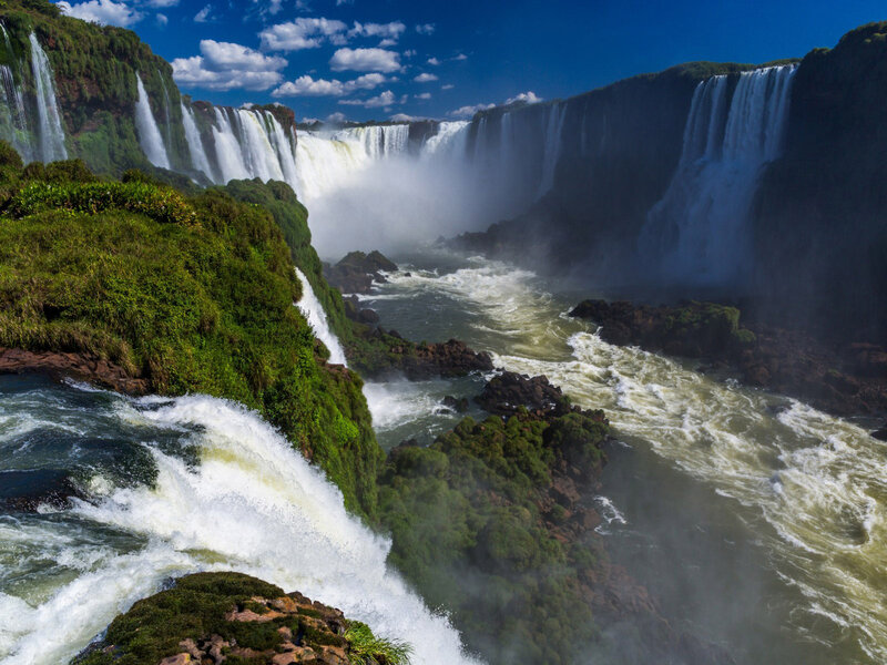 Iguazu Falls Waterfall — Blue, Dramatic, Afternoon, Photograph, River, Cliffs, Clouds