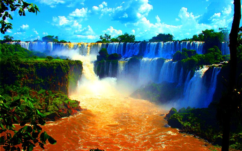 Iguazu Falls Waterfall — Blue, Dramatic, Afternoon, Photograph, River, Cliffs