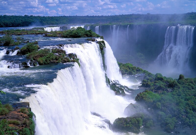 Iguazu Falls Waterfall — Blue, Dramatic, Afternoon, Photograph, River, Cliffs, Trees, Mist