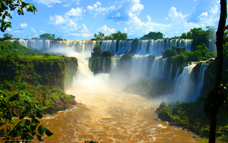 Iguazu Falls Waterfall — Blue, Dramatic, Afternoon, Photograph, River, Cliffs, Trees, Sky