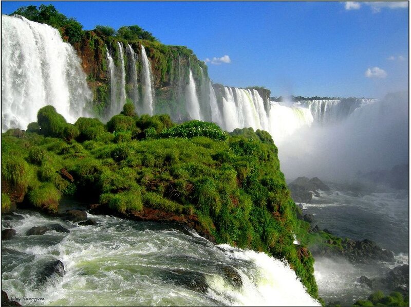 Iguazu Falls Waterfall — Blue, Dramatic, Afternoon, Photograph, River, Greenery, Sky