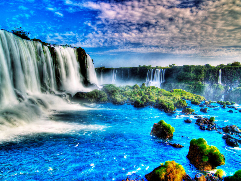 Iguazu Falls Waterfall — Blue, Dramatic, Afternoon, Photograph, River, Rocks, Clouds