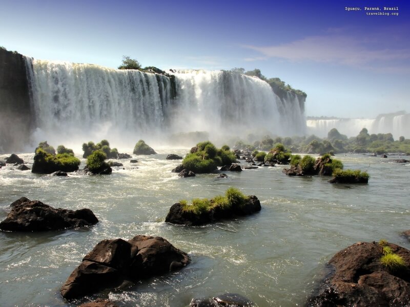 Iguazu Falls Waterfall — Blue, Dramatic, Afternoon, Photograph, River, Rocks, Trees