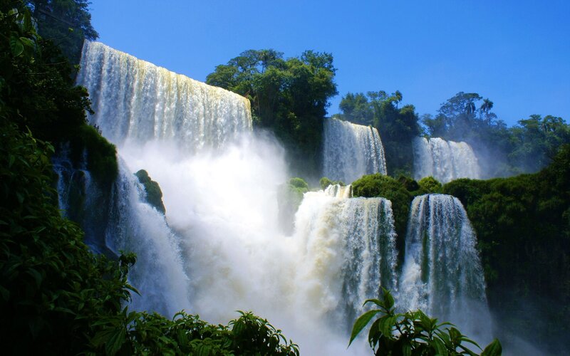Iguazu Falls Waterfall — Blue, Dramatic, Afternoon, Photograph, Trees, Mist, River
