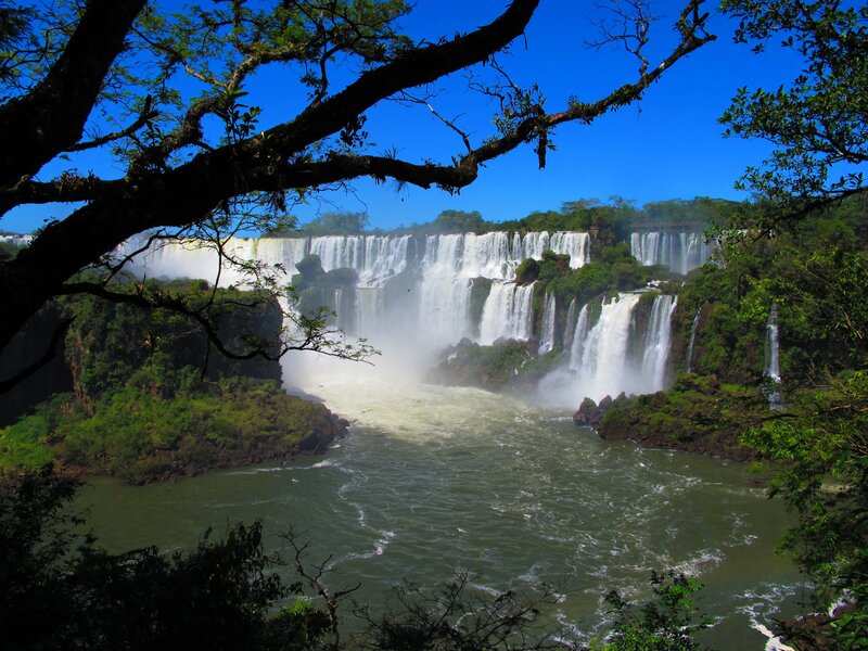 Iguazu Falls Waterfall — Blue, Dramatic, Afternoon, Photograph, Trees, River