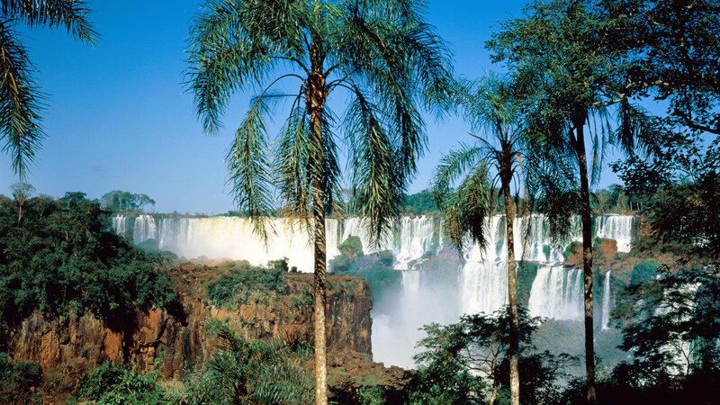 Iguazu Falls Waterfall — Blue, Serene, Afternoon, Photograph, Palm Trees, Jungle