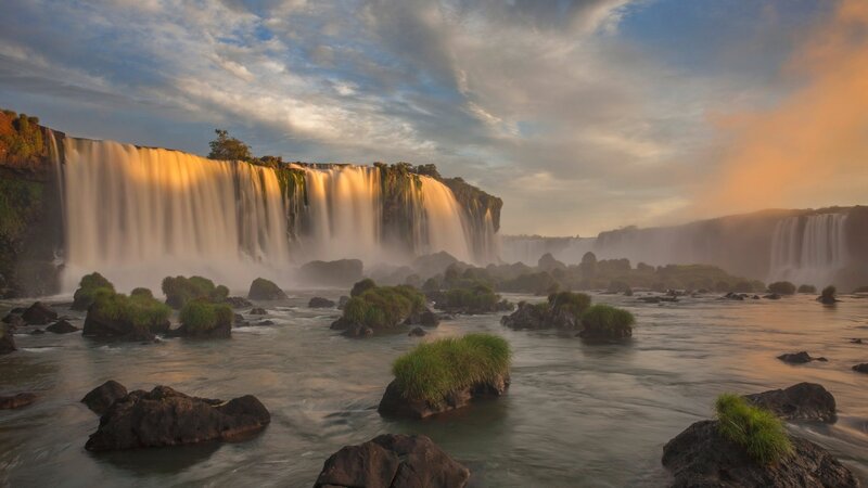 Iguazu Falls Waterfall — Blue, Serene, Sunset