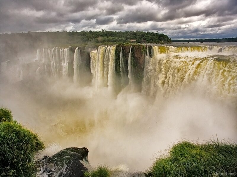 Iguazu Falls Waterfall — Green, Dramatic, Afternoon, Photograph, Clouds