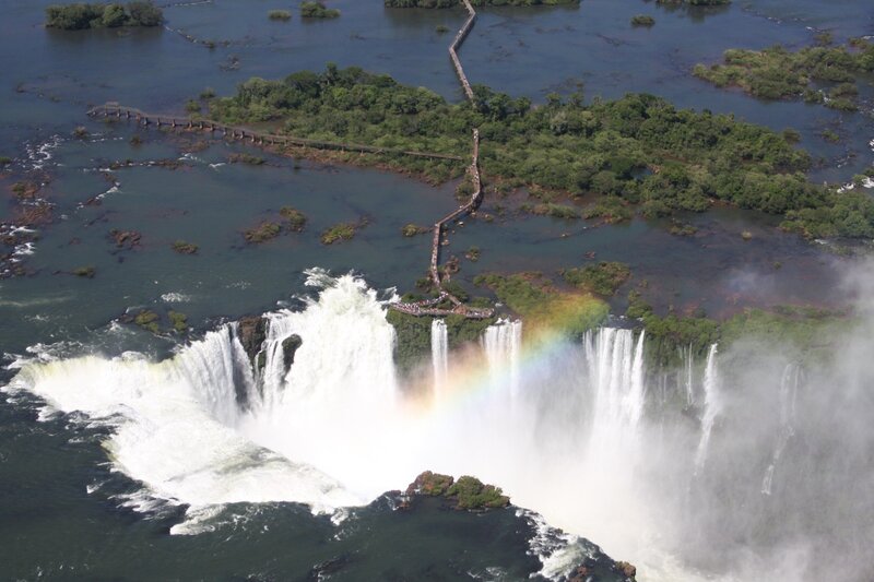 Iguazu Falls Waterfall — Green, Dramatic, Afternoon, Photograph, Rainbow, Bridge