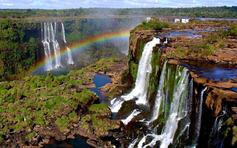 Iguazu Falls Waterfall — Green, Dramatic, Afternoon, Photograph, Rainbow, Cliffs