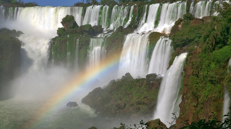 Iguazu Falls Waterfall — Green, Dramatic, Afternoon, Photograph, Rainbow, Mist, Cliffs