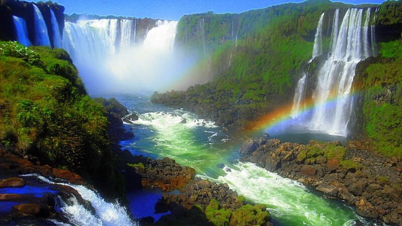 Iguazu Falls Waterfall — Green, Dramatic, Afternoon, Photograph, Rainbow, River, Cliffs