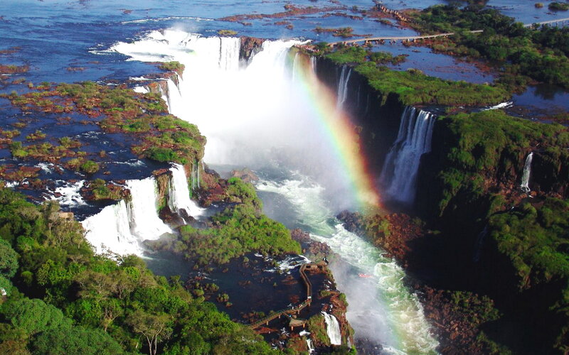Iguazu Falls Waterfall — Green, Dramatic, Afternoon, Photograph, Rainbow, River, Forest