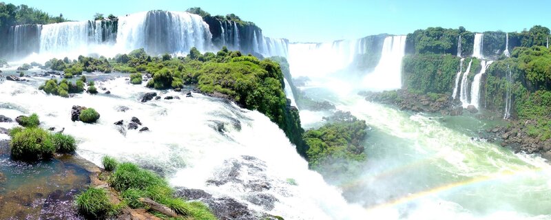 Iguazu Falls Waterfall — Green, Dramatic, Afternoon, Photograph, Rainbow, River, Vegetation, Rocks, White