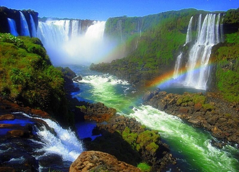 Iguazu Falls Waterfall — Green, Dramatic, Afternoon, Photograph, Rainbow