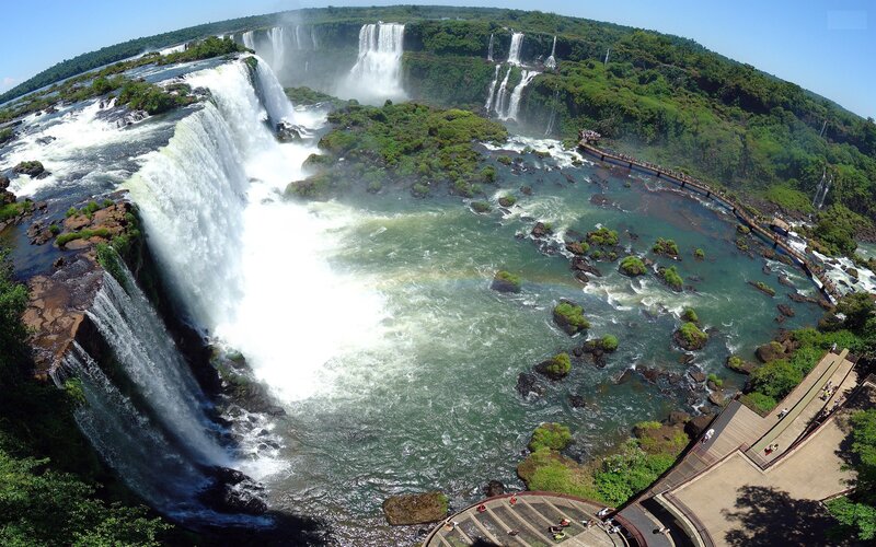 Iguazu Falls Waterfall — Green, Dramatic, Afternoon, Photograph, Rainbow, Tourists