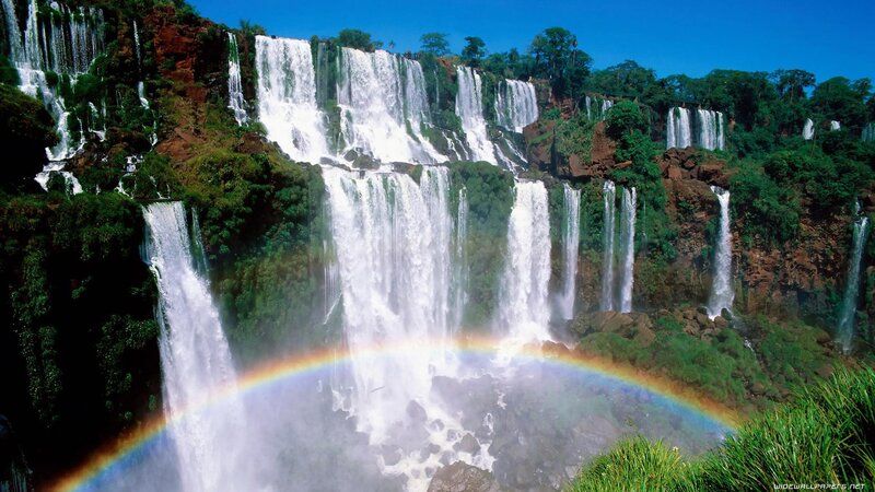Iguazu Falls Waterfall — Green, Dramatic, Afternoon, Photograph, Rainbow, Trees, Cliffs