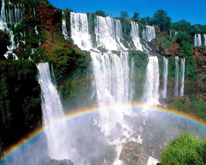 Iguazu Falls Waterfall — Green, Dramatic, Afternoon, Photograph, Rainbow, Trees