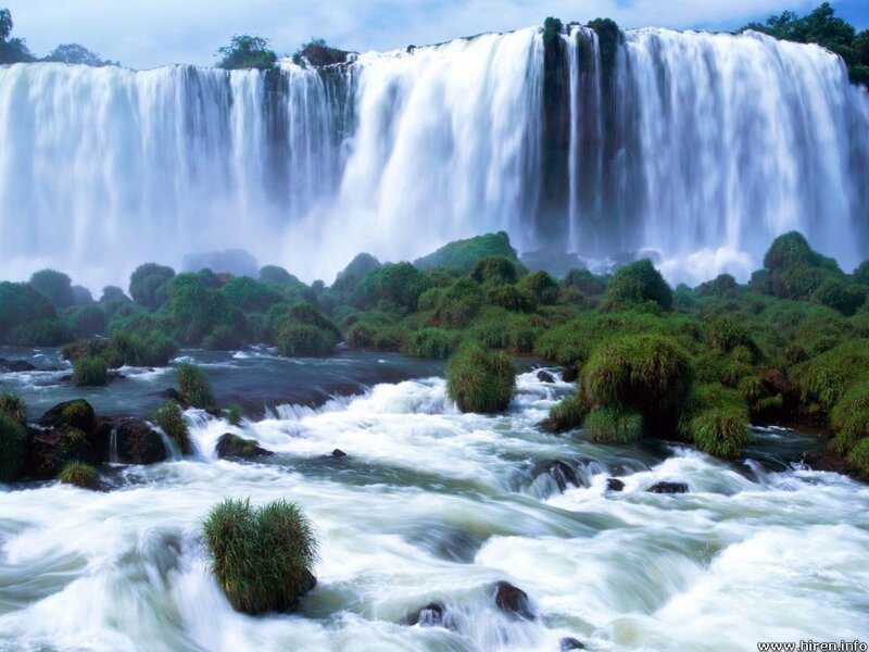 Iguazu Falls Waterfall — Green, Dramatic, Afternoon, Photograph, River, Rocks, Vegetation, White, Blue