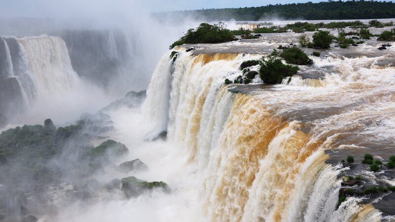 Iguazu Falls Waterfall — White, Dramatic, Afternoon, Photograph, River, Mist, Trees