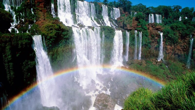 Iguazu Falls with Rainbow — Green, Dramatic, Afternoon, Photograph, Waterfall, Jungle, Rocks