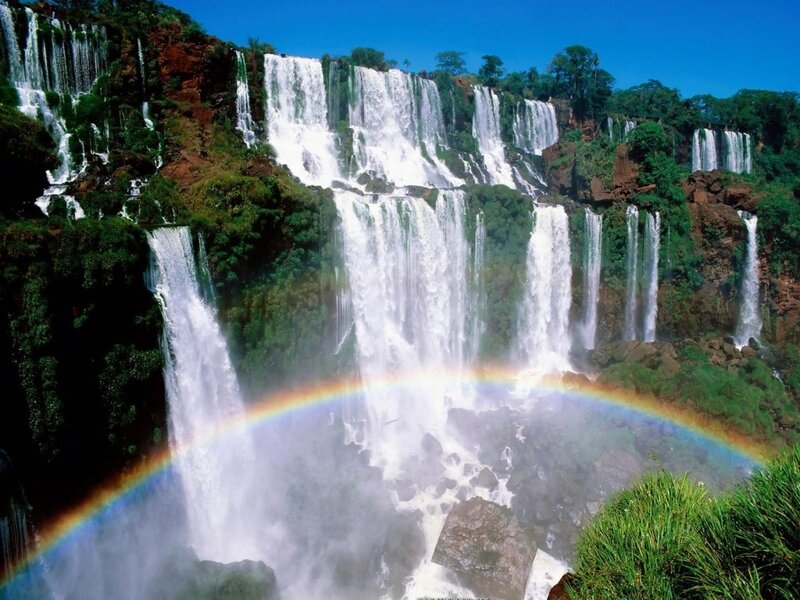 Iguazu Falls with Rainbow — Green, Dramatic, Afternoon, Photograph, Waterfall, Trees, Sky