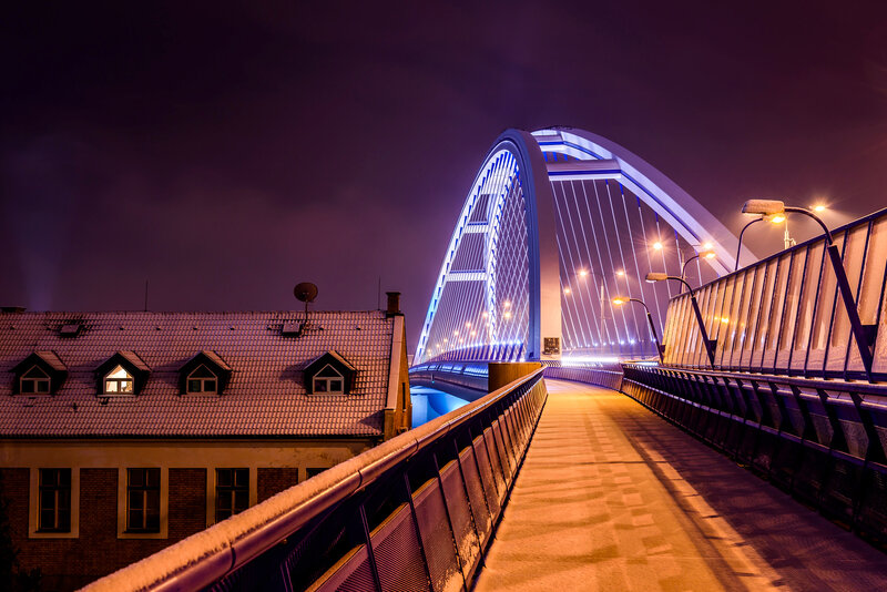 Illuminated Arch Bridge — Purple, Dramatic, Night