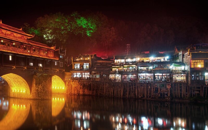 Illuminated Bridge and Buildings
