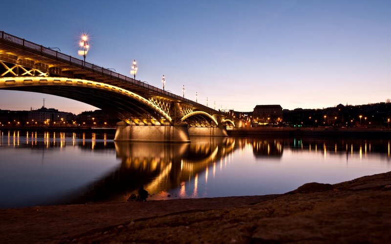 Illuminated Bridge at Dusk — Blue, Serene, Night