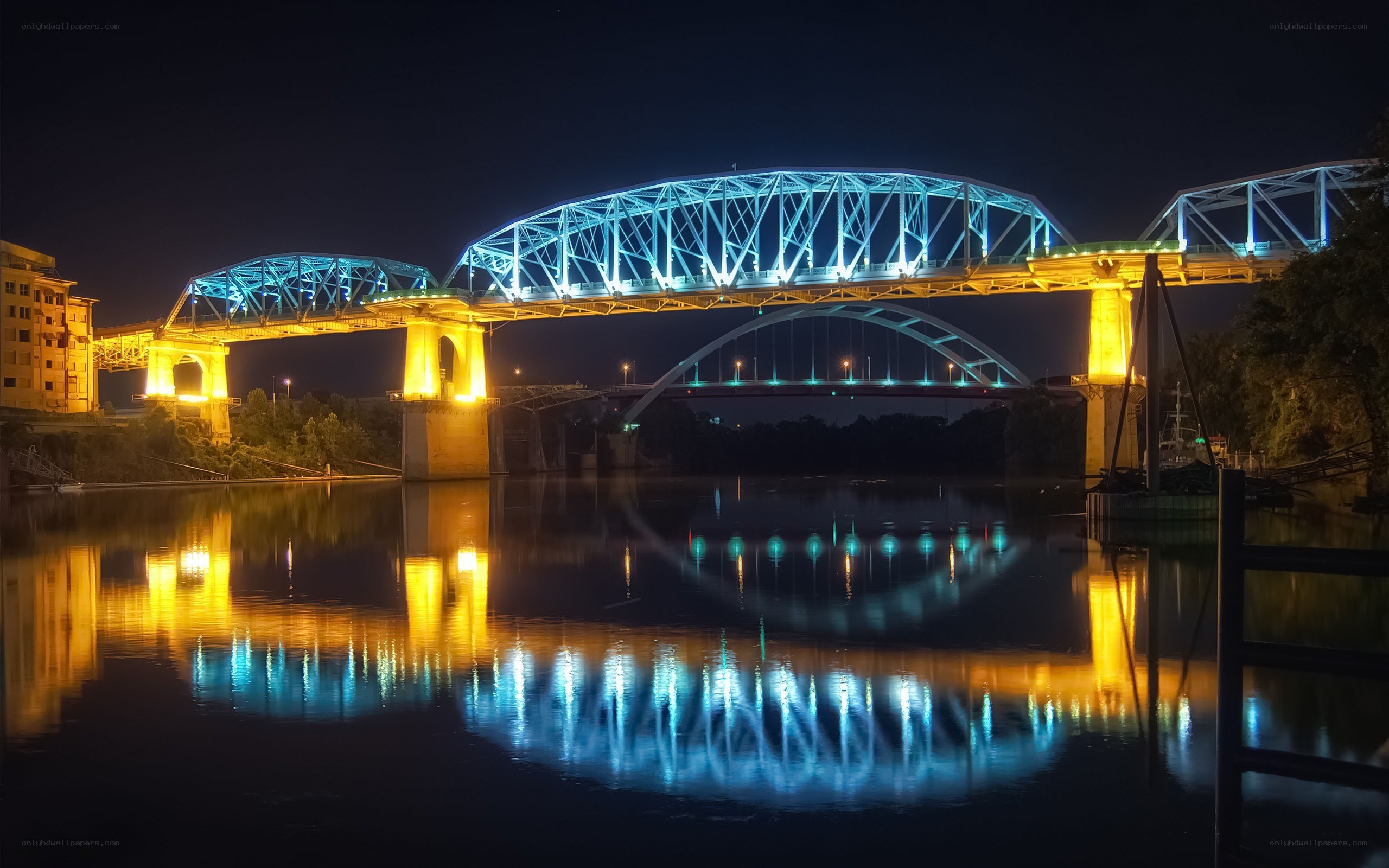 Illuminated bridge at night