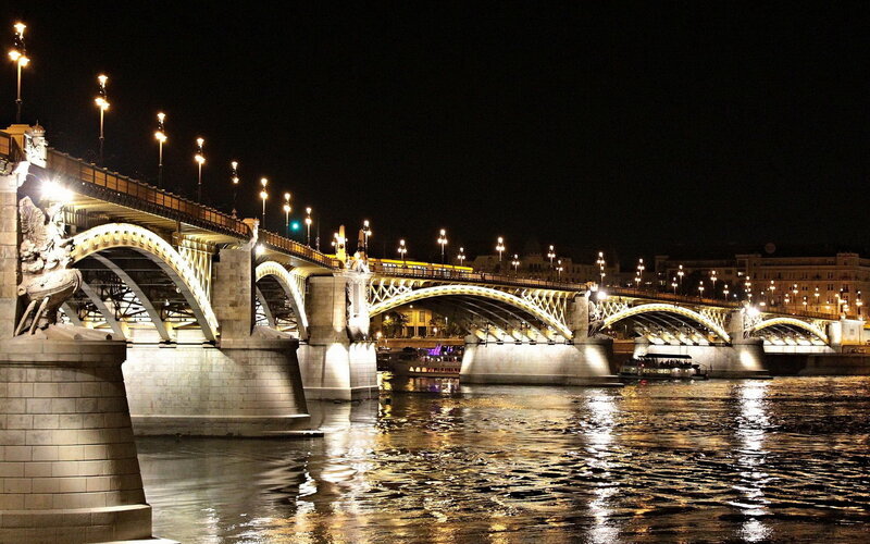Illuminated Bridge at Night — Black, Calm, Photograph, River
